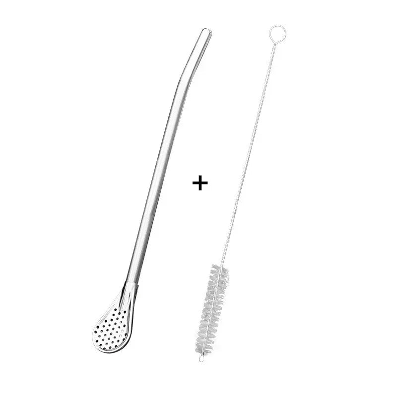 Stainless Steel Straw Spoon And Cleaning Brush, Drinking Spoon Straws With Filter, Metal Stirrer For Coffee Loose Tea Cocktail