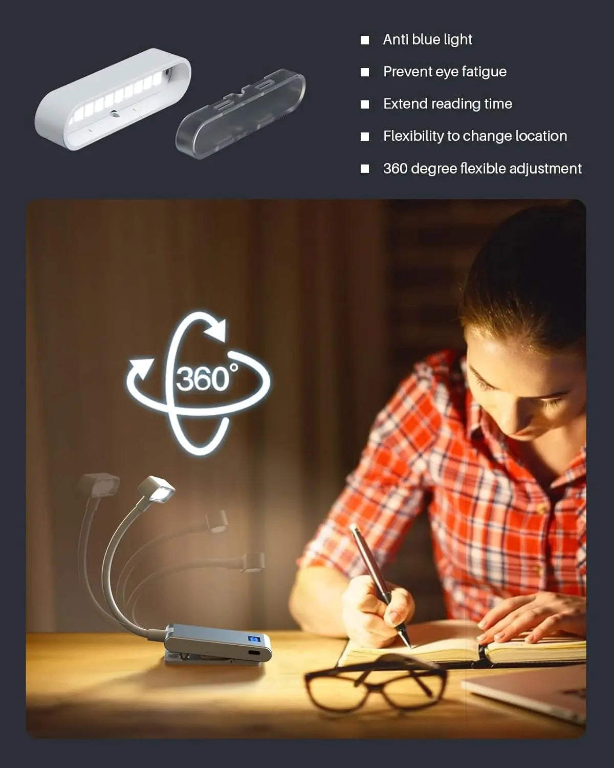 Aluminum Rechargeable Reading Light 3 colors 3 brightness Clip On Mini Book Light Small Read Night Lamp Study Reading Book Lamp