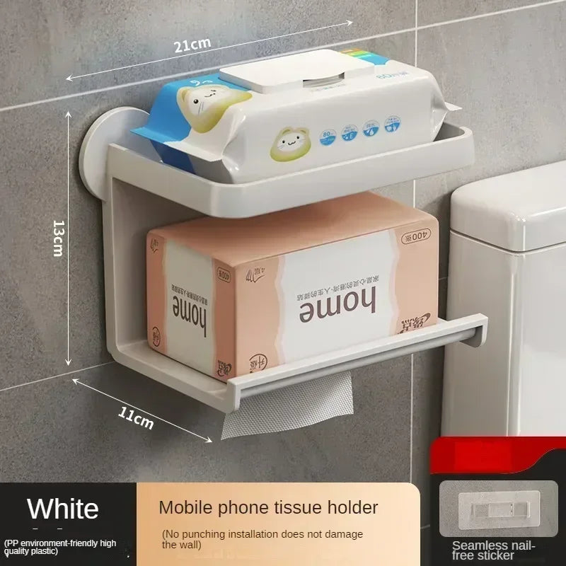 Toilet Paper Holder Stand Wall-Mounted Toilet Paper Dispenser Kitchen Bathroom Storage Rack For Tissue Box Shelf Phone Holder