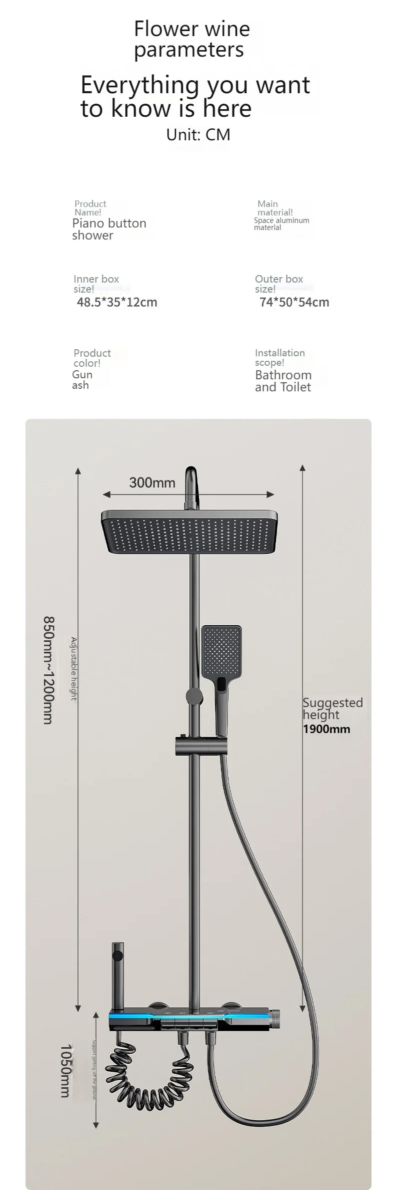 Grey Shower Set Ambient Light Shower System Set Hotel Apartment Modern Digital Display Showers Faucet Set Bathroom Accessories