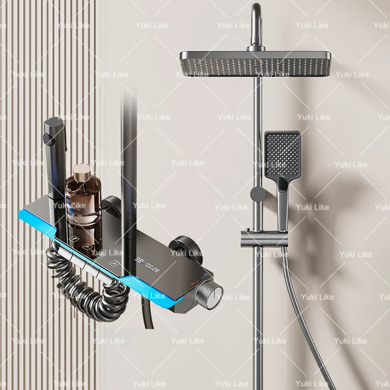 Grey Shower Set Ambient Light Shower System Set Hotel Apartment Modern Digital Display Showers Faucet Set Bathroom Accessories
